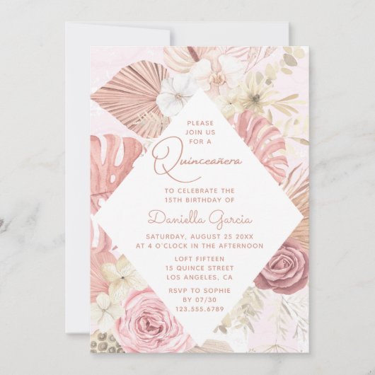 Roze Waterverf Floral Modern Rustic Quinceañera Kaart (Voorkant)