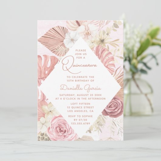 Roze Waterverf Floral Modern Rustic Quinceañera Kaart (Staand voorkant)