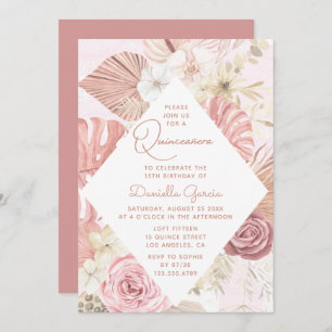 Roze Waterverf Floral Modern Rustic Quinceañera Kaart
