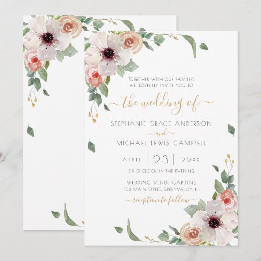 Roze Waterverf Floral Modern Wedding Kaart (Voorkant / Achterkant)