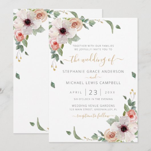 Roze Waterverf Floral Modern Wedding Kaart (Voorkant / Achterkant)