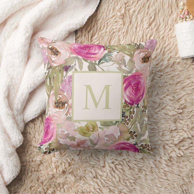Roze Waterverf Floral Monogram Initiaal Kussen (Deken)