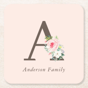 Roze Waterverf Floral Monogram Kartonnen Onderzetters