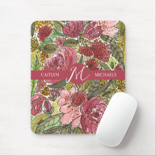 Roze Waterverf Floral Monogram met naam Muismat