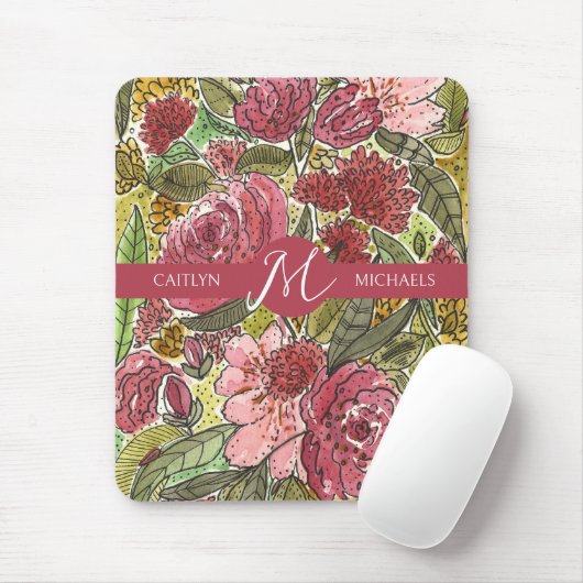 Roze Waterverf Floral Monogram met naam Muismat (Met muis)