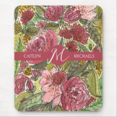 Roze Waterverf Floral Monogram met naam Muismat (Voorkant)