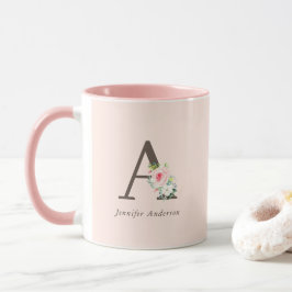 Roze Waterverf Floral Monogram Mok