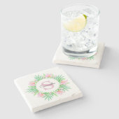 Roze Waterverf Floral Monogram Stenen Onderzetter (Zijkant)