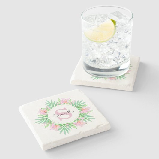 Roze Waterverf Floral Monogram Stenen Onderzetter (Zijkant)