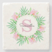 Roze Waterverf Floral Monogram Stenen Onderzetter (Voorkant)