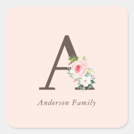 Roze Waterverf Floral Monogram Vierkante Sticker