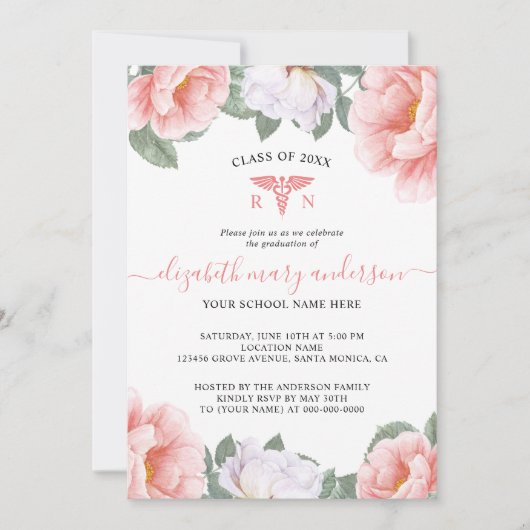 Roze Waterverf Floral Nursing Afstuderen Invite (Voorkant)