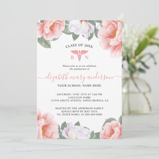 Roze Waterverf Floral Nursing Afstuderen Invite (Staand voorkant)