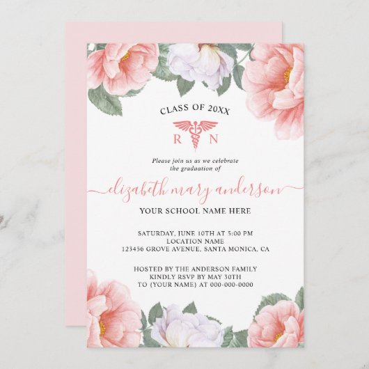 Roze Waterverf Floral Nursing Afstuderen Invite (Voorkant / Achterkant)