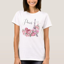 Roze Waterverf Floral Paris Cityscape T-shirt