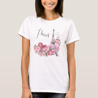 Roze Waterverf Floral Paris Cityscape T-shirt