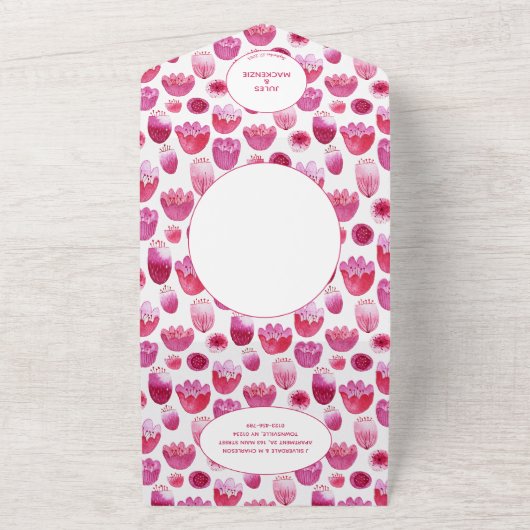 Roze Waterverf Floral Pattern Wedding All In One Uitnodiging (Buitenkant)