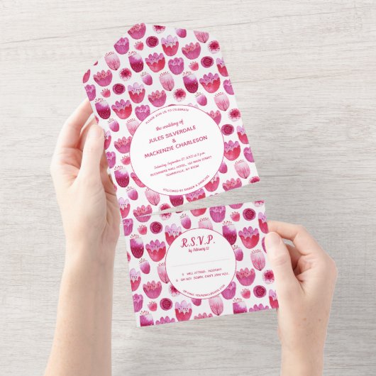 Roze Waterverf Floral Pattern Wedding All In One Uitnodiging (Afscheurbaar)