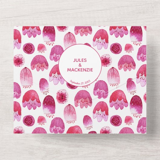 Roze Waterverf Floral Pattern Wedding All In One Uitnodiging (Achterkant)