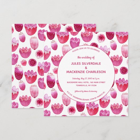 Roze Waterverf Floral Pattern Wedding Kaart (Voorkant / Achterkant)