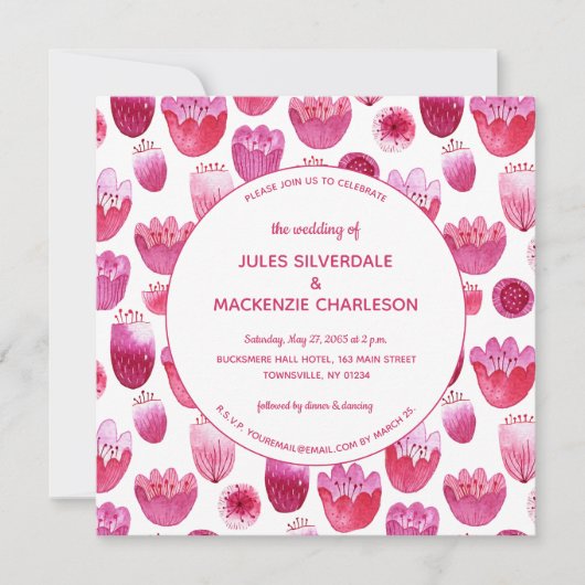 Roze Waterverf Floral Pattern Wedding Kaart (Voorkant)