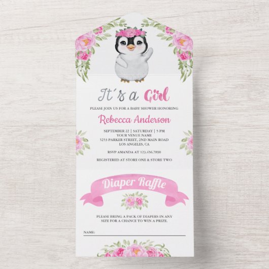 Roze Waterverf Floral Penguin Baby shower All In One Uitnodiging (Binnen)