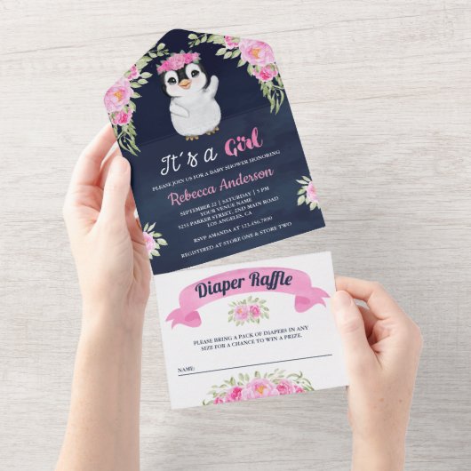 Roze Waterverf Floral Penguin Navy Baby shower All In One Uitnodiging (Afscheurbaar)