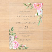 Roze Waterverf Floral Peonies Elegant Wedding Acryl Uitnodigingen (Voorkant)