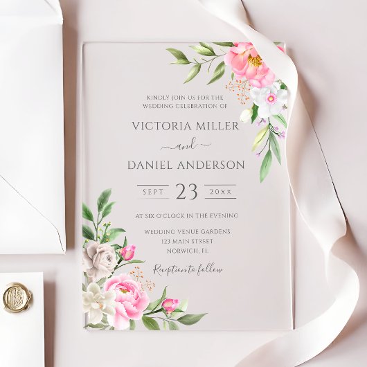 Roze Waterverf Floral Peonies Elegant Wedding Acryl Uitnodigingen