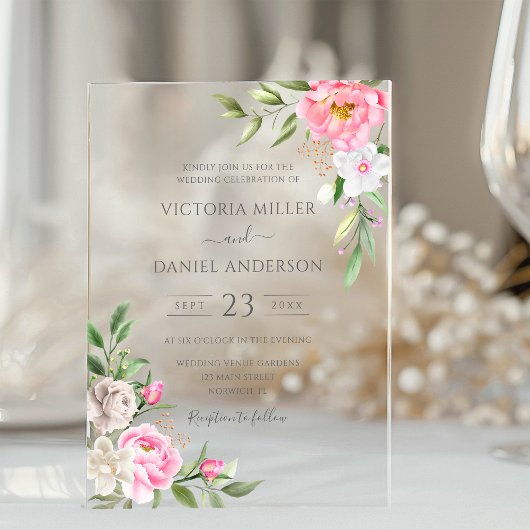 Roze Waterverf Floral Peonies Elegant Wedding Acryl Uitnodigingen