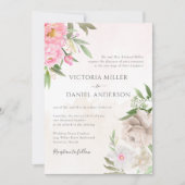 Roze Waterverf Floral Peonies Elegant Wedding Kaart (Voorkant)