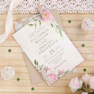 Roze Waterverf Floral Peonies Elegant Wedding Kaart