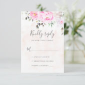 Roze Waterverf Floral Peonies Elegant Wedding RSVP Kaartje (Staand voorkant)