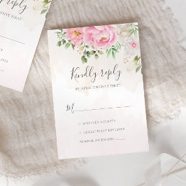 Roze Waterverf Floral Peonies Elegant Wedding RSVP Kaartje