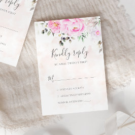 Roze Waterverf Floral Peonies Elegant Wedding RSVP Kaartje