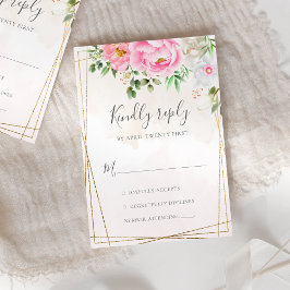 Roze Waterverf Floral Peonies Geometric Wedding RSVP Kaartje