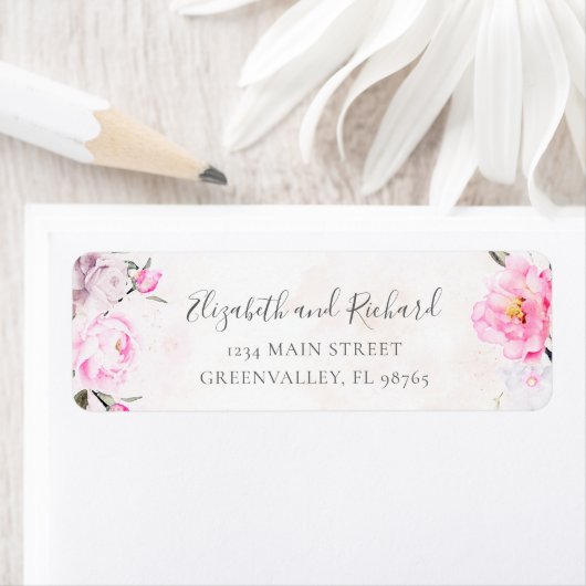 Roze Waterverf Floral Peony Elegant Adres Etiket (Insitu)