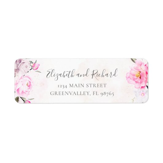 Roze Waterverf Floral Peony Elegant Adres Etiket (Voorkant)