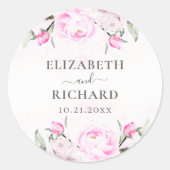 Roze Waterverf Floral Peony Elegant Wedding Ronde Sticker (Voorkant)