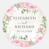 Roze Waterverf Floral Peony Elegant Wedding Ronde Sticker (Voorkant)
