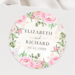 Roze Waterverf Floral Peony Elegant Wedding Ronde Sticker<br><div class="desc">Een elegante florale trouwsticker met roze waterverf bloemen.</div>