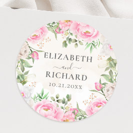 Roze Waterverf Floral Peony Elegant Wedding Ronde Sticker