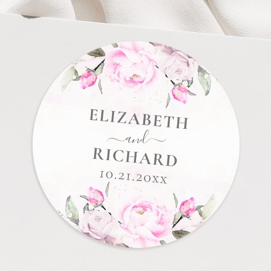 Roze Waterverf Floral Peony Elegant Wedding Ronde Sticker