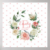 Roze Waterverf Floral Polka Dots Girl Nursery Poster (Voorkant)