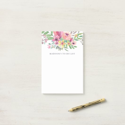 Roze Waterverf Floral Post-it® Notes (Op bureau)