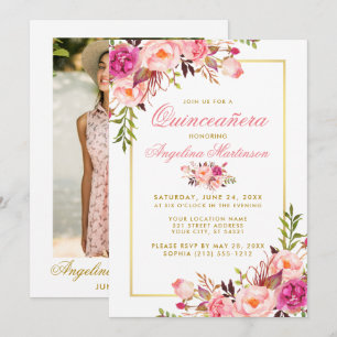 Roze Waterverf Floral Quinceanera Foto Gold Kaart