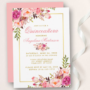 Roze Waterverf Floral Quinceanera Gold Kaart