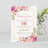 Roze Waterverf Floral Quinceanera Gold Kaart (Staand voorkant)