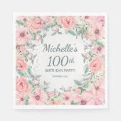 Roze Waterverf Floral Rozen parels 100e verjaardag Servet (Voorkant)