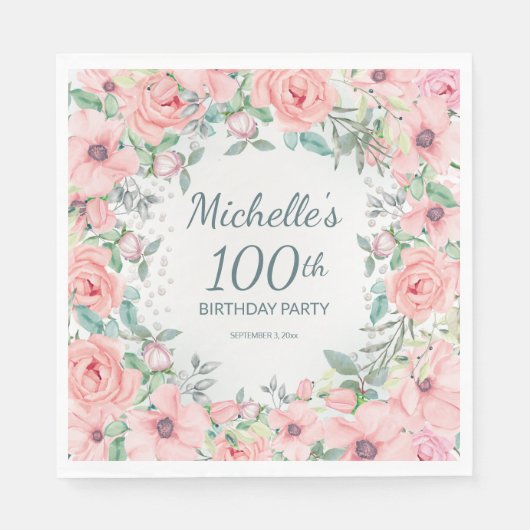 Roze Waterverf Floral Rozen parels 100e verjaardag Servet (Voorkant)